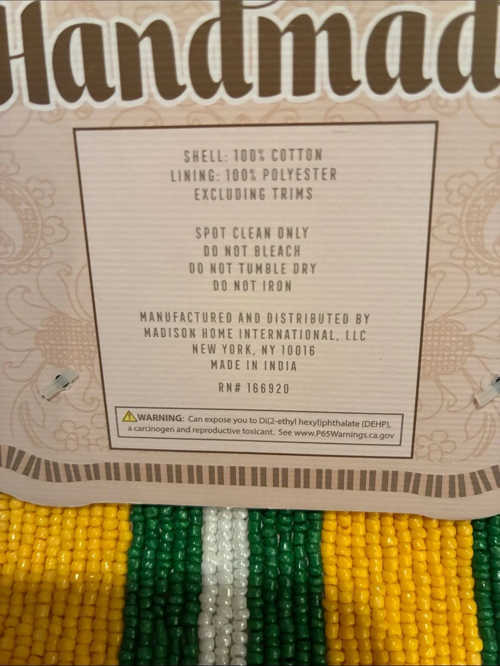 Made in India Handmade White Beaded Lemon 🍋 Pouch - Yellow & Green